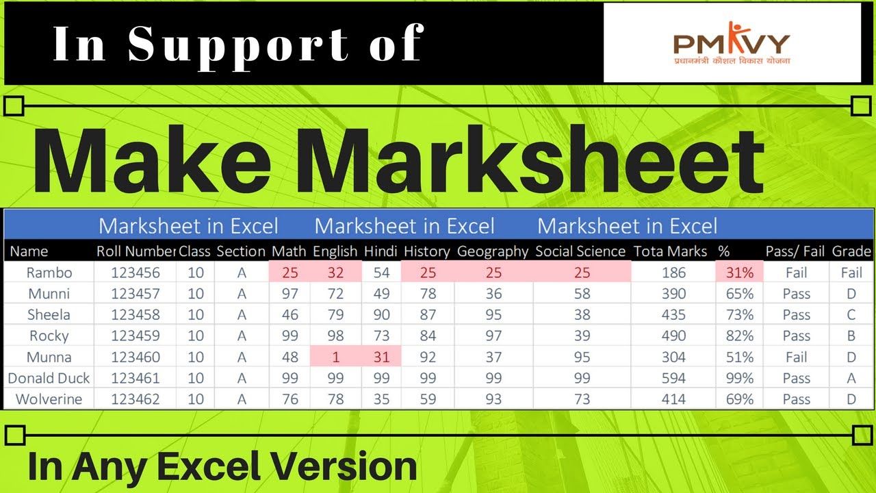 excel marksheet formula